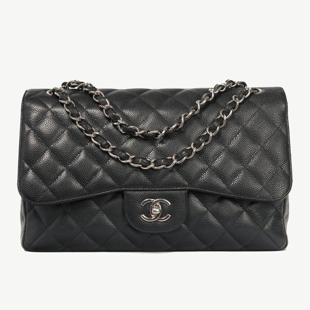 Chanel Jumbo Classic Black Caviar Quilted Double Flap Bag